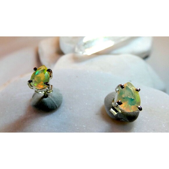 Natural Glowing Ethiopian Opal Teardrop Sterling Silver Stud Earrings - Picture 1 of 5